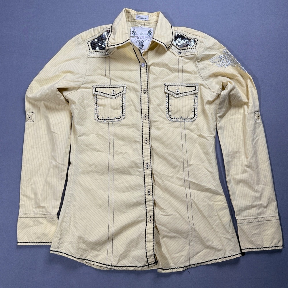 Roar Passion Western Button Down‎ Shirt Sequin Embellished Cream Size M
